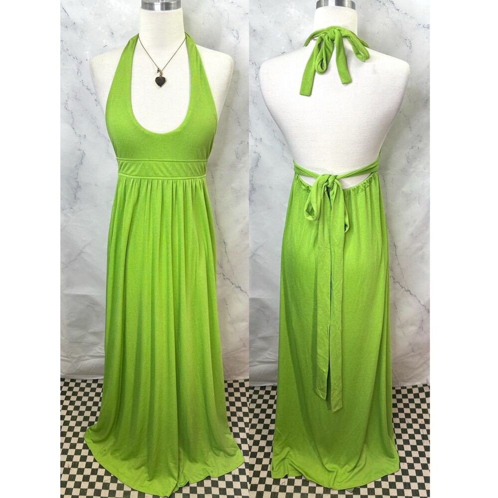 Vintage 70s Factory California Halter Maxi Dress S Green Hippy psychedelic 60s